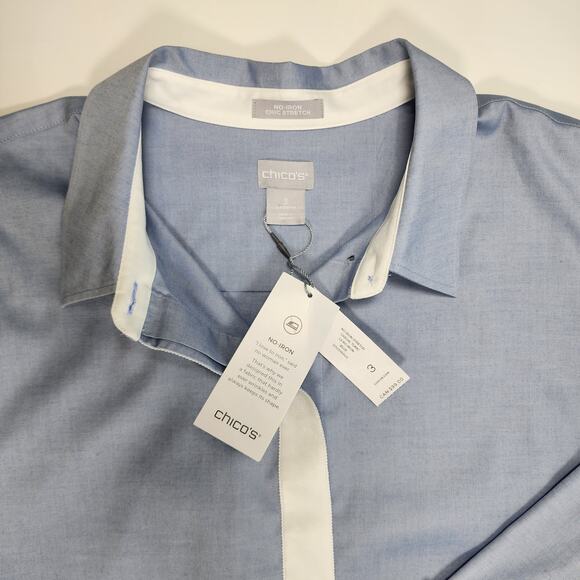 Chico’s No Iron Blue Tunic Blouse Contrast Trim Size 3 (16/18) NWT - Picture 5 of 9